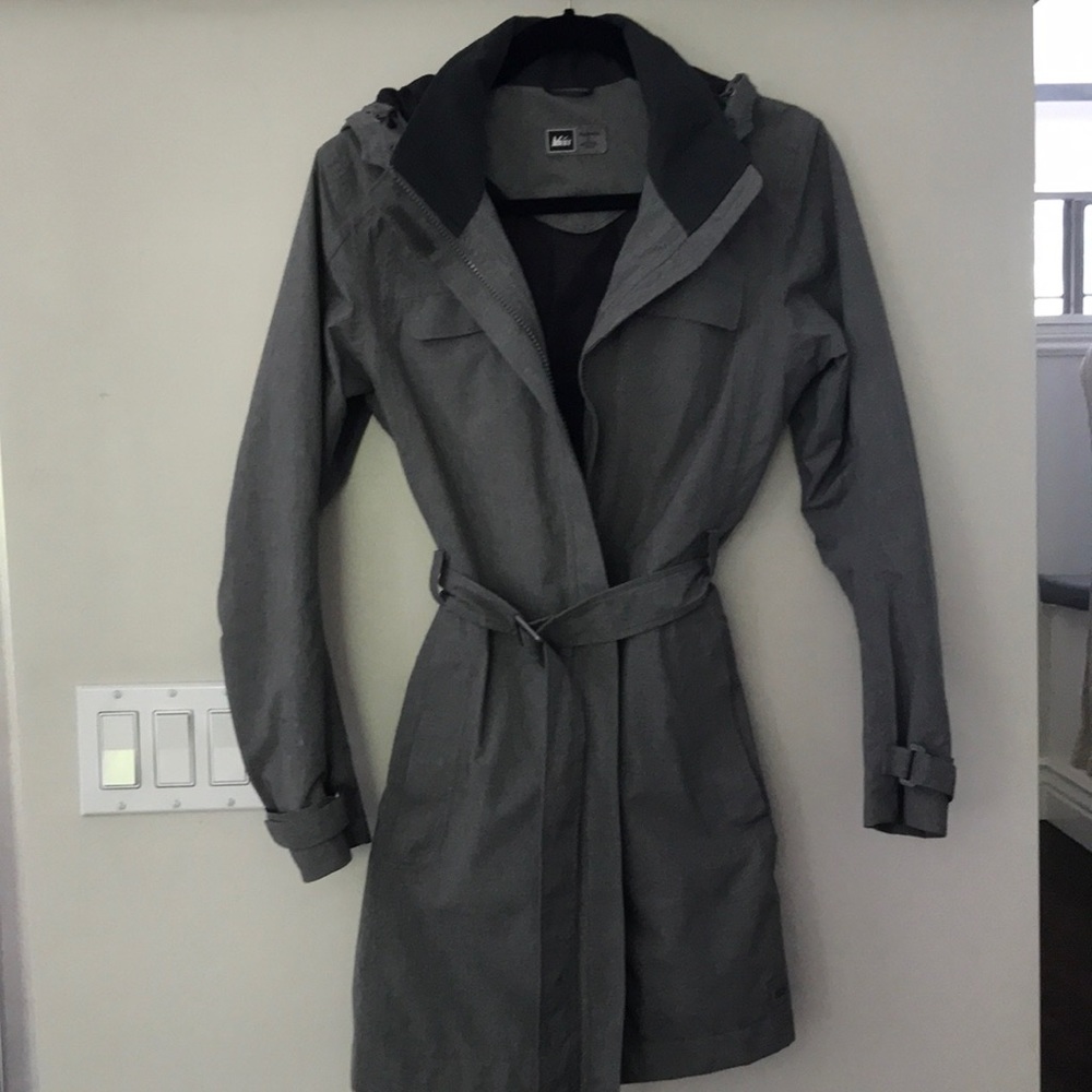 Grey REI Rain Jacket with removable hood. Size small.